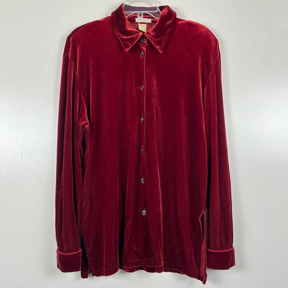 FOCUS Vintage Velvet Tunic Women's Medium Button Front Collared Top Burgundy Red